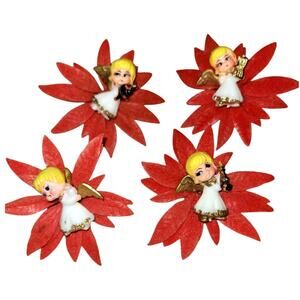 Very Rare Vintage Little Angels Flocked Plastic Poinsettias~ Kitsch Christmas